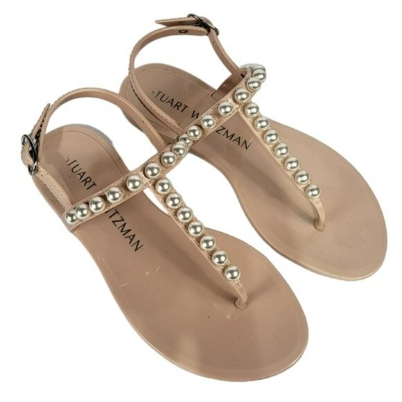 Stuart Weitzman Goldie Basic Embellished Jelly Thong Sandal Beige 5 - Picture 6 of 7
